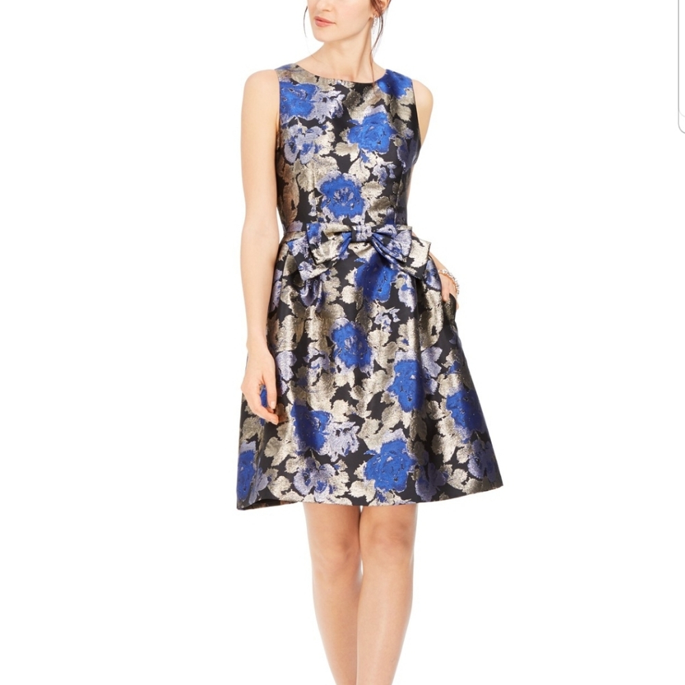 TAHARI ASL METALLIC JACQUARD BOW FIT & FLARE DRESS